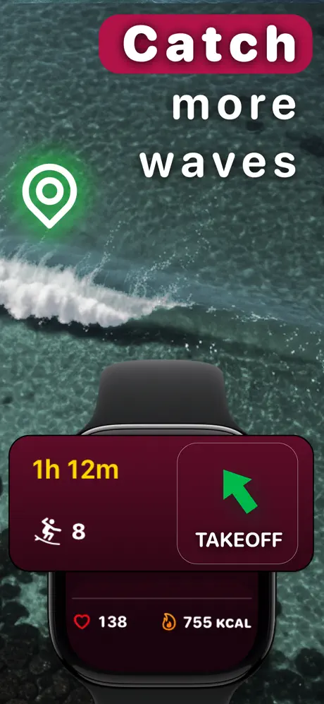 Gone Surfing surf tracker on Apple Watch showing live takeoff zone guidance, wave count, heart rate and calories