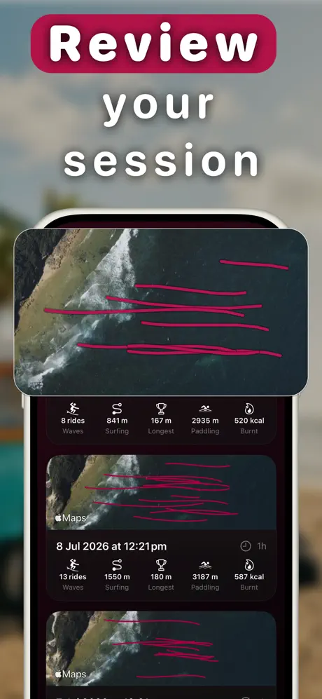 GPS surf session map with wave lines and paddling routes over satellite imagery