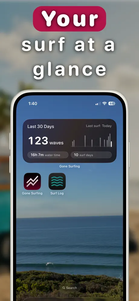 Surf dashboard home screen widget showing 30 days of waves, water time and surf days