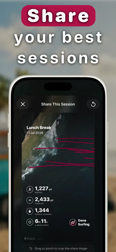 Shareable surf session card with wave map, distance surfed, paddle strokes and wave frequency